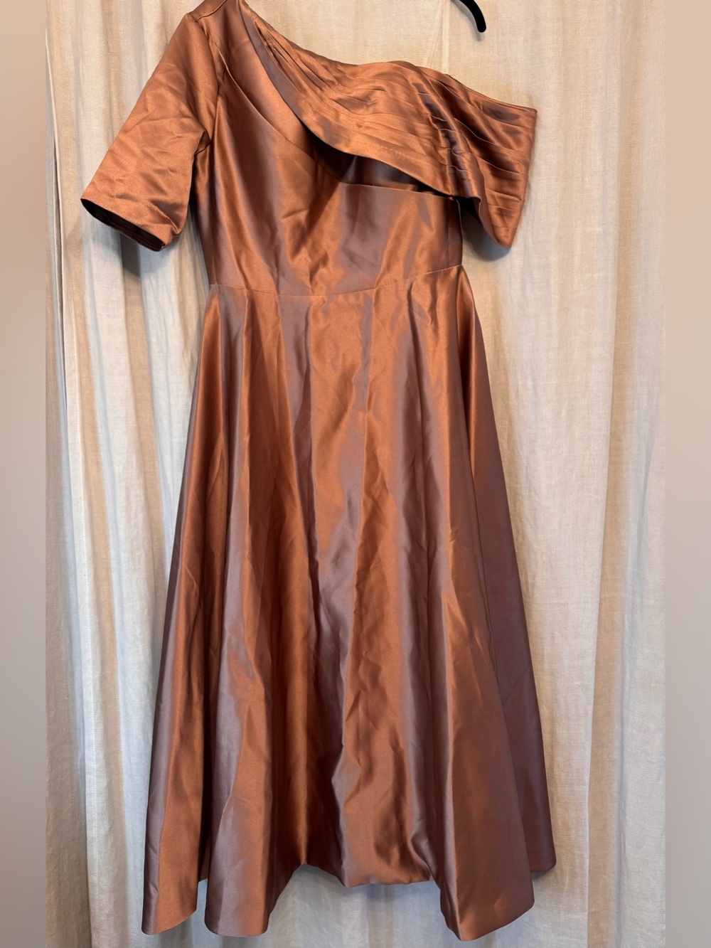 NEW Xuzey Brown Satin One Shoulder Formal Wedding Guest Midi Dress - Size 8 - Picture 2 of 8